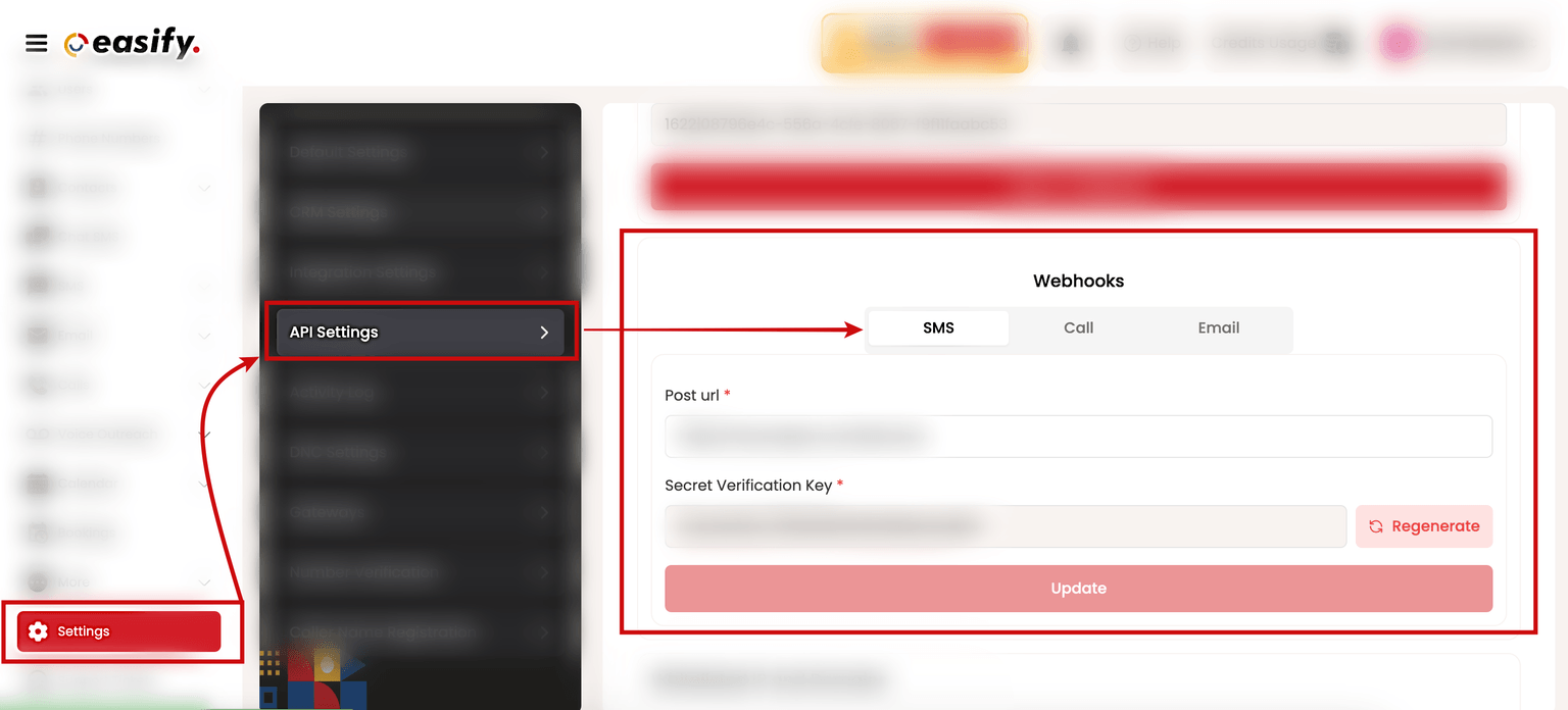 Easify Sms Webhook Settings