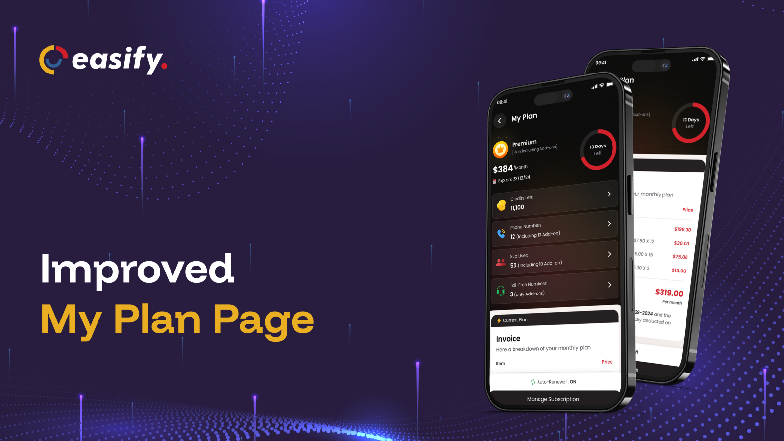 Easify app update: improved My Plan page with plan, credits and invoices