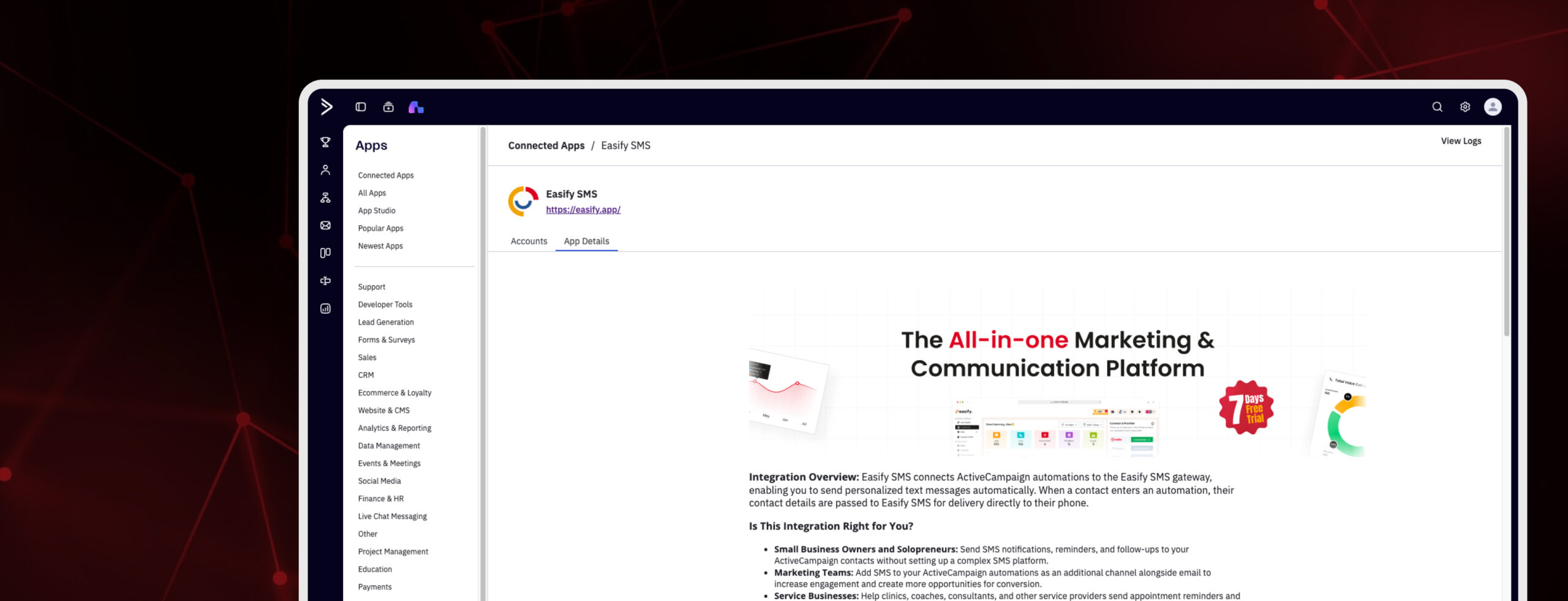 Screenshot of the ActiveCampaign app page featuring Easify SMS integration for automated text messaging campaigns. Use SMS with ActiveCampaign.