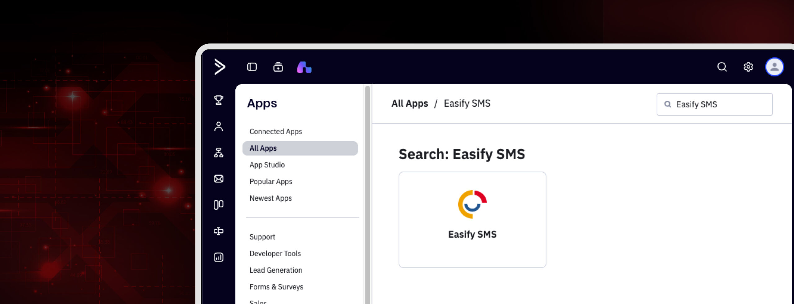 Screenshot of ActiveCampaign app search results displaying Easify SMS integration for automated SMS messaging.