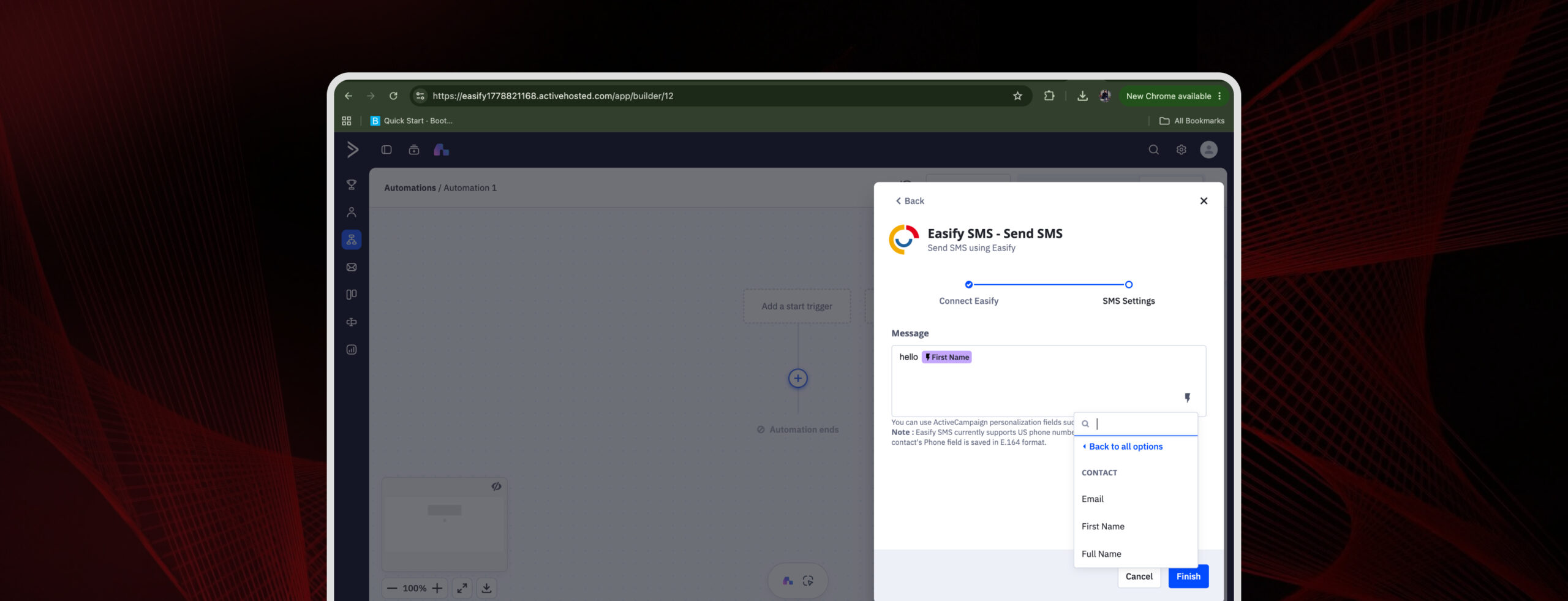 ActiveCampaign Apps search results showing the Easify SMS integration for sending automated text messages through ActiveCampaign workflo